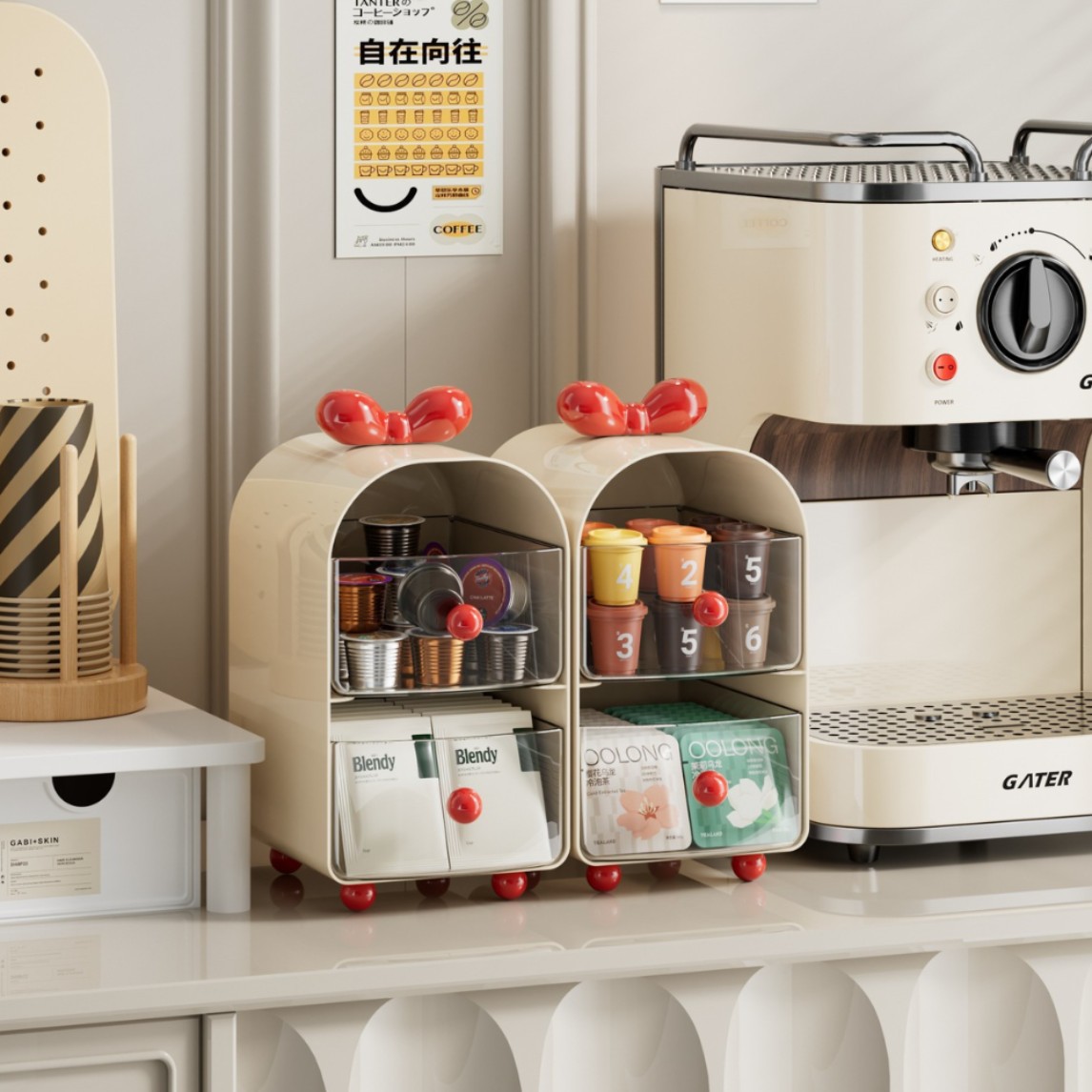 Coffee Tea Mix - Crèmekleurige koffiecapsule-organizer, 2-laags opbergdoos voor theezakjes,